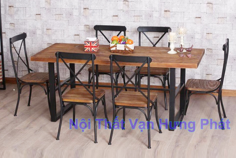 bàn ghế ăn chân sắt mặt gỗ
